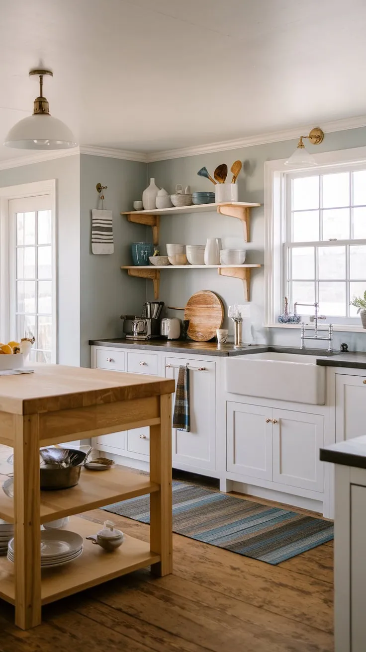 This coastal farmhouse kitchen is a dream come true. The combination of a white farmhouse sink, open shelving displaying cherished kitchen tools, and a warm wood island topped with a butcher block creates a space that's as functional as it is beautiful. A perfect New England escape.
