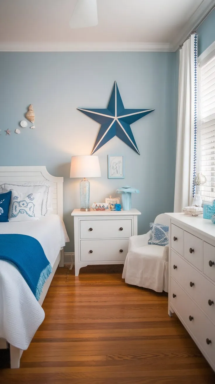 A serene coastal-themed bedroom awaits a granddaughter, complete with light blue walls, a white bed, and charming nautical accents.