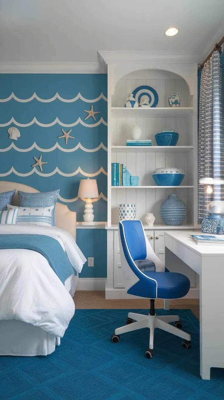 A coastal granddaughter's bedroom evokes a tranquil beach escape with its blue walls, seashell accents, and calming ocean-themed décor.