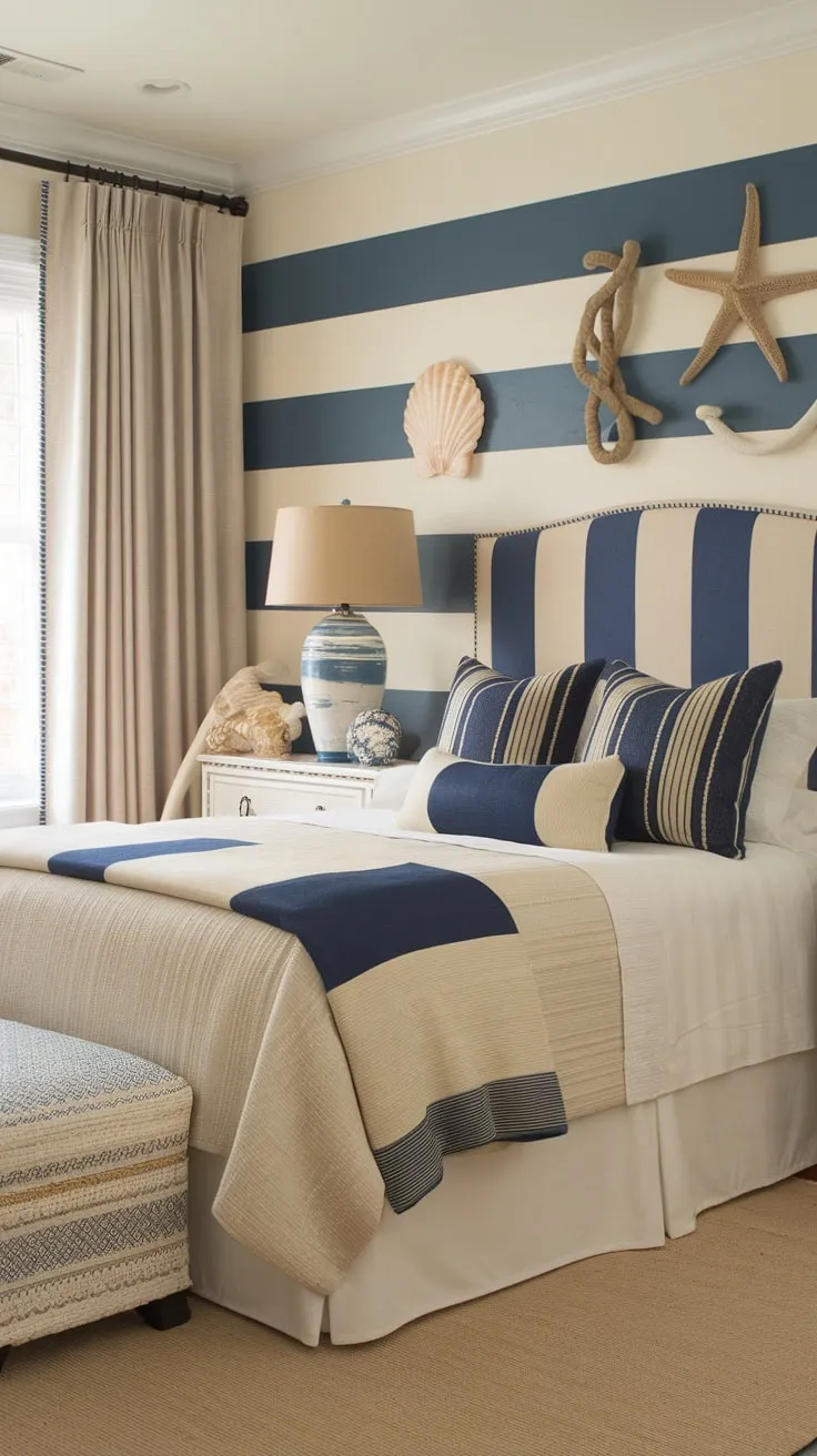 A coastal granddaughter's bedroom, awash in beige and blue hues, boasts nautical charm with striped walls and beachy décor.