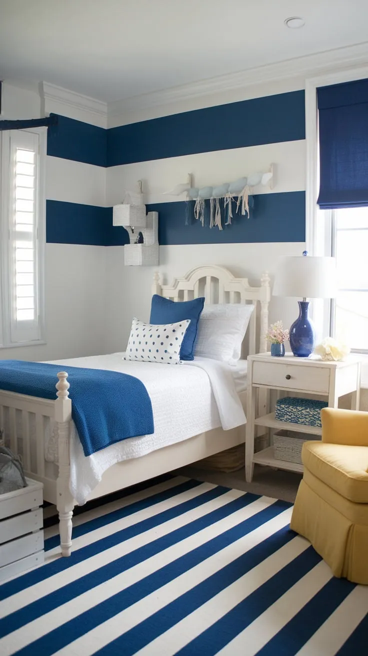 A charming coastal granddaughter's bedroom features blue and white stripes, a white wooden bed, and cheerful yellow accents.
