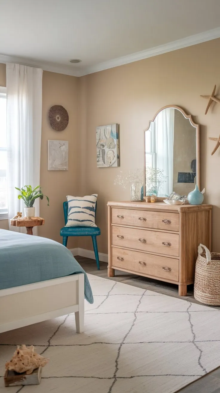 A granddaughter's coastal haven boasts a serene blue and beige palette, charming beach accents, and a comfortable queen bed.