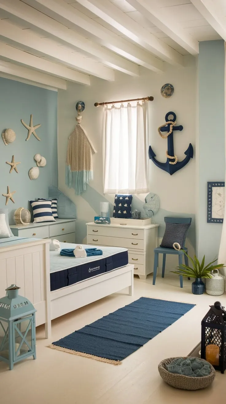 A charming coastal granddaughter's bedroom features soft blues, nautical accents, and whimsical seaside décor.