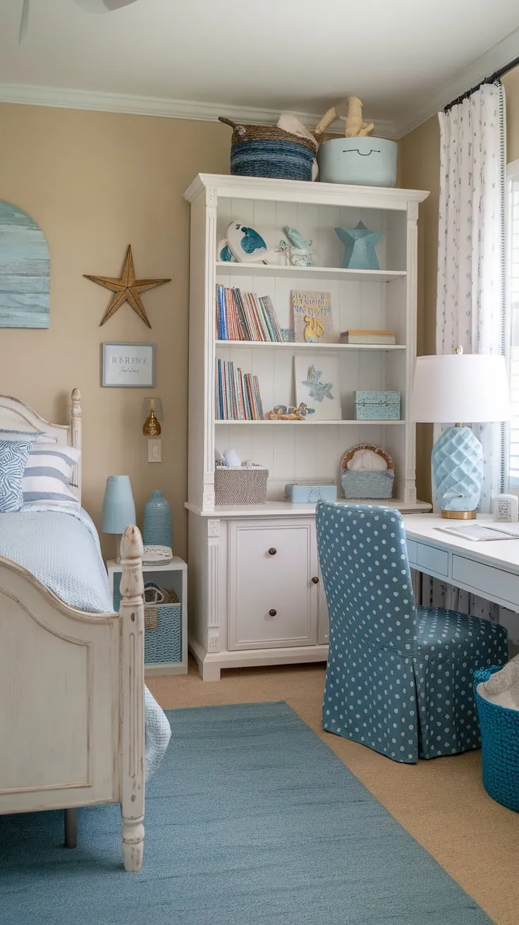 A granddaughter's coastal haven boasts a calming beige palette, white furniture, and playful blue touches creating a summery escape.