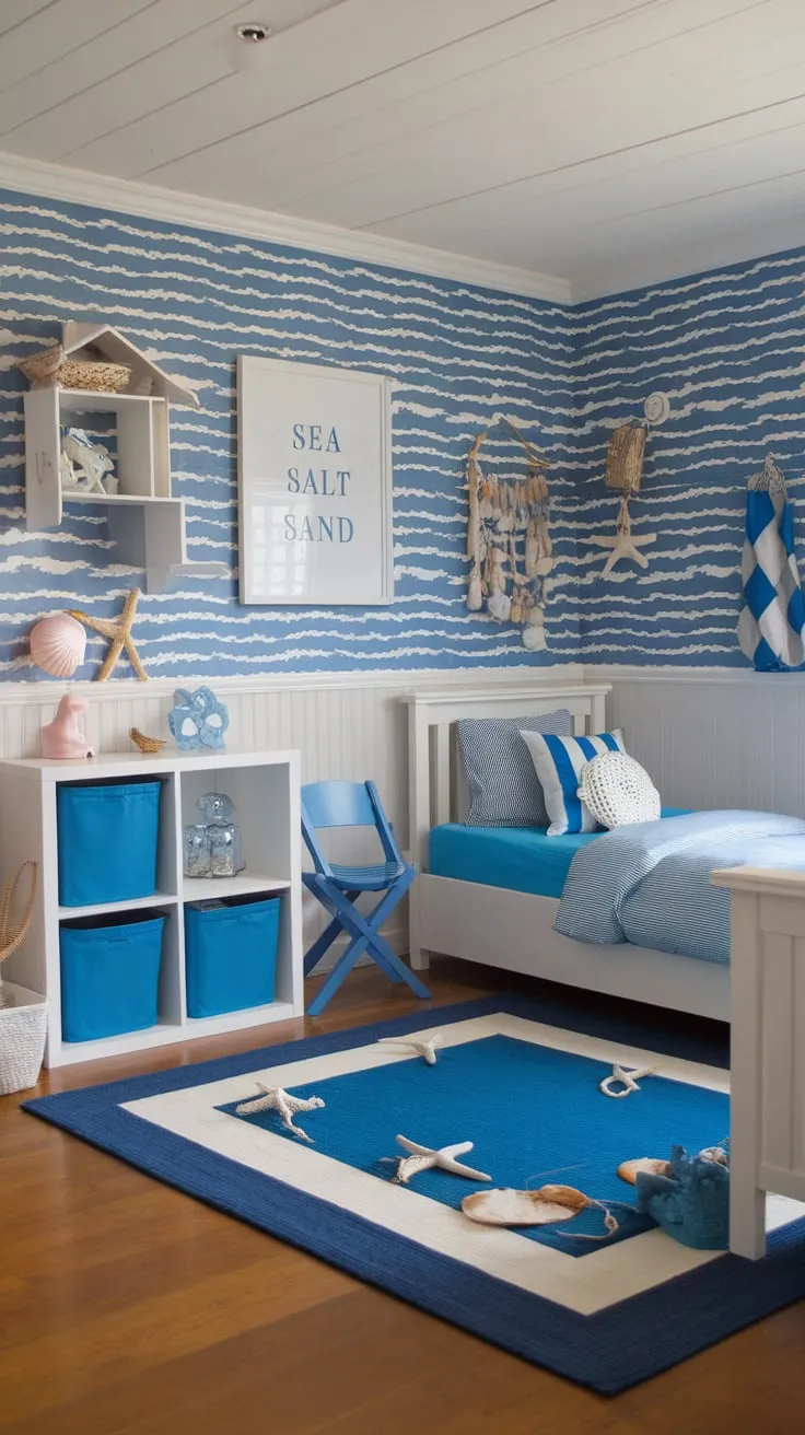 Waves of blue and white create a serene coastal haven in this granddaughter's bedroom, complete with seashell lamps and starfish details.