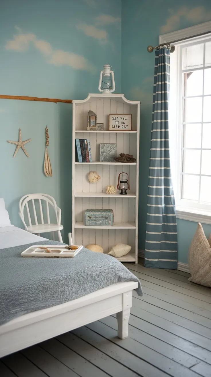 A serene coastal granddaughter's bedroom evokes the ocean's tranquility with its soft blue walls, whitewashed furnishings, and charming beach-themed décor.