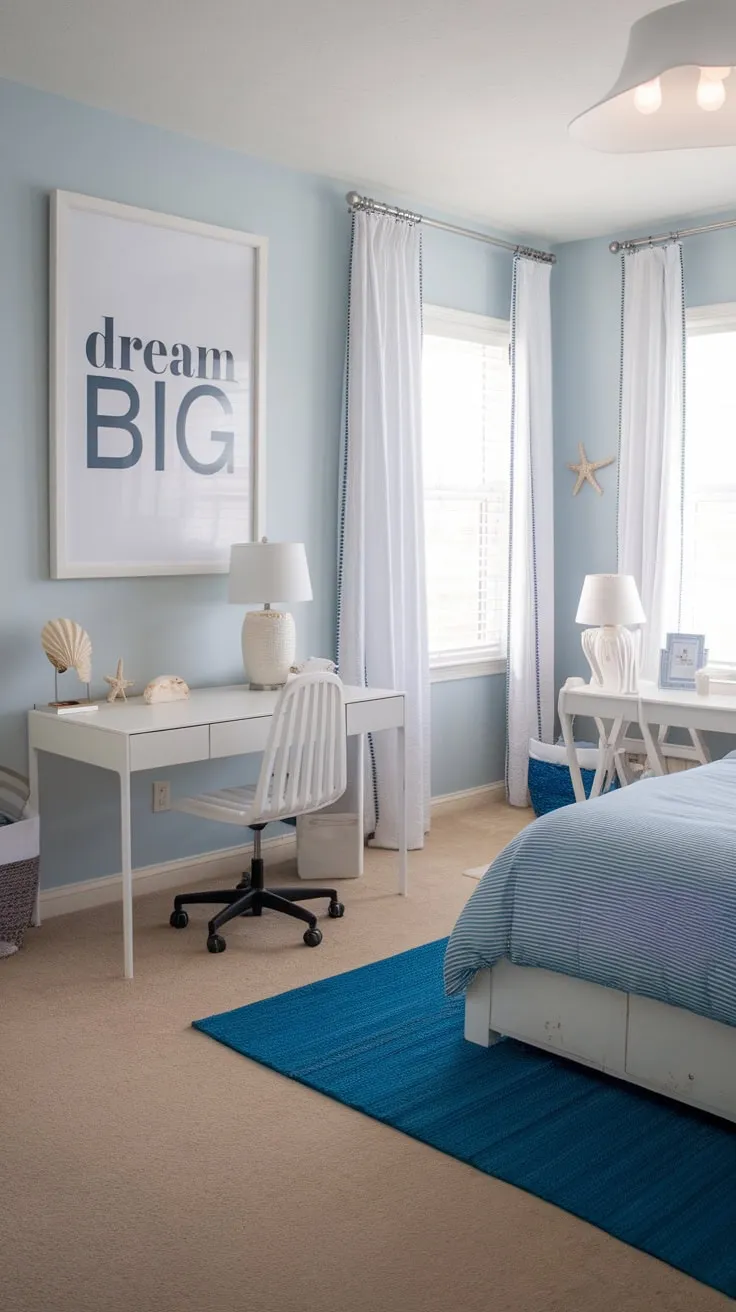 A coastal-themed bedroom, perfect for a granddaughter, features a white bed, blue accents, and inspiring décor.