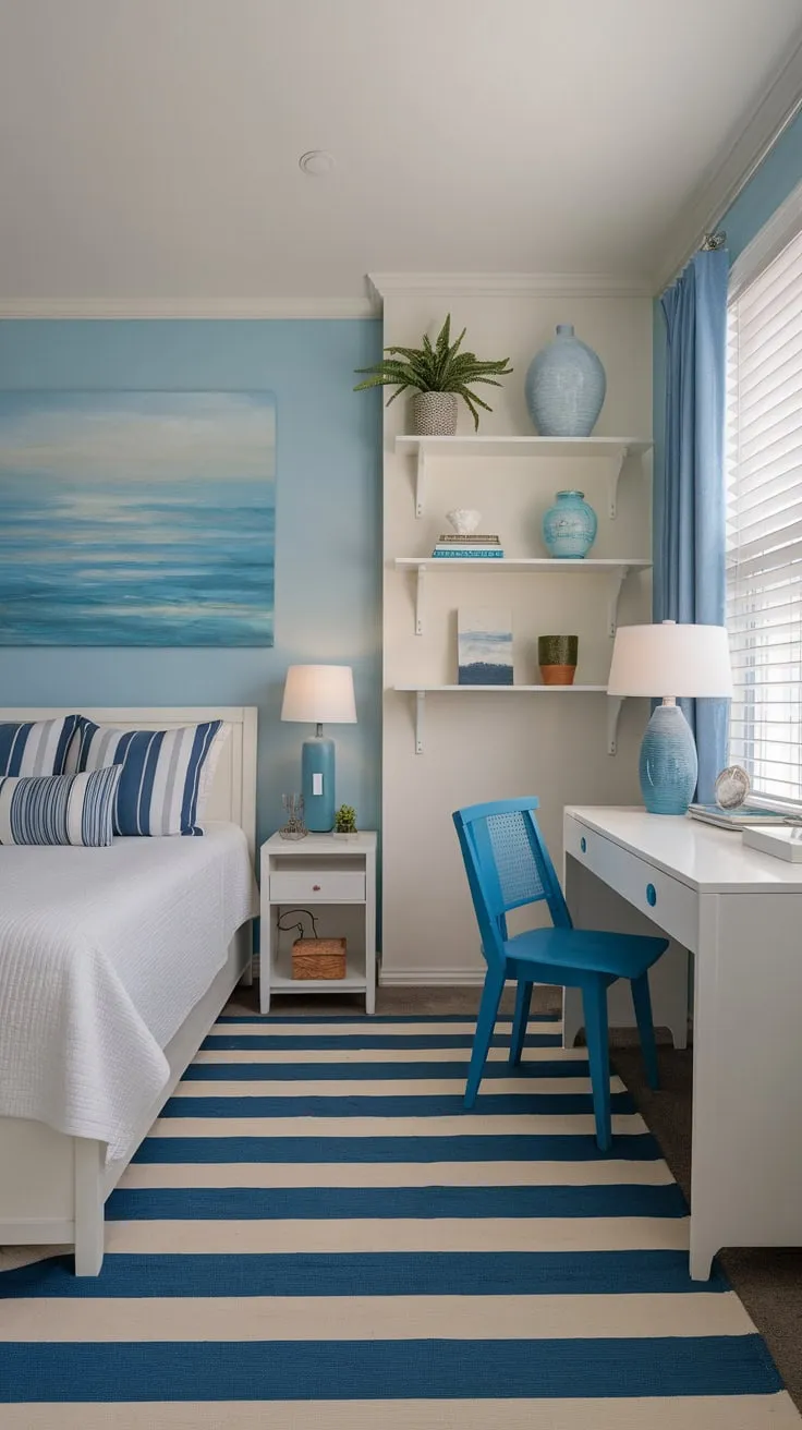 A coastal granddaughter's bedroom evokes serenity with its blue and white striped accents, ocean artwork, and calming decor.