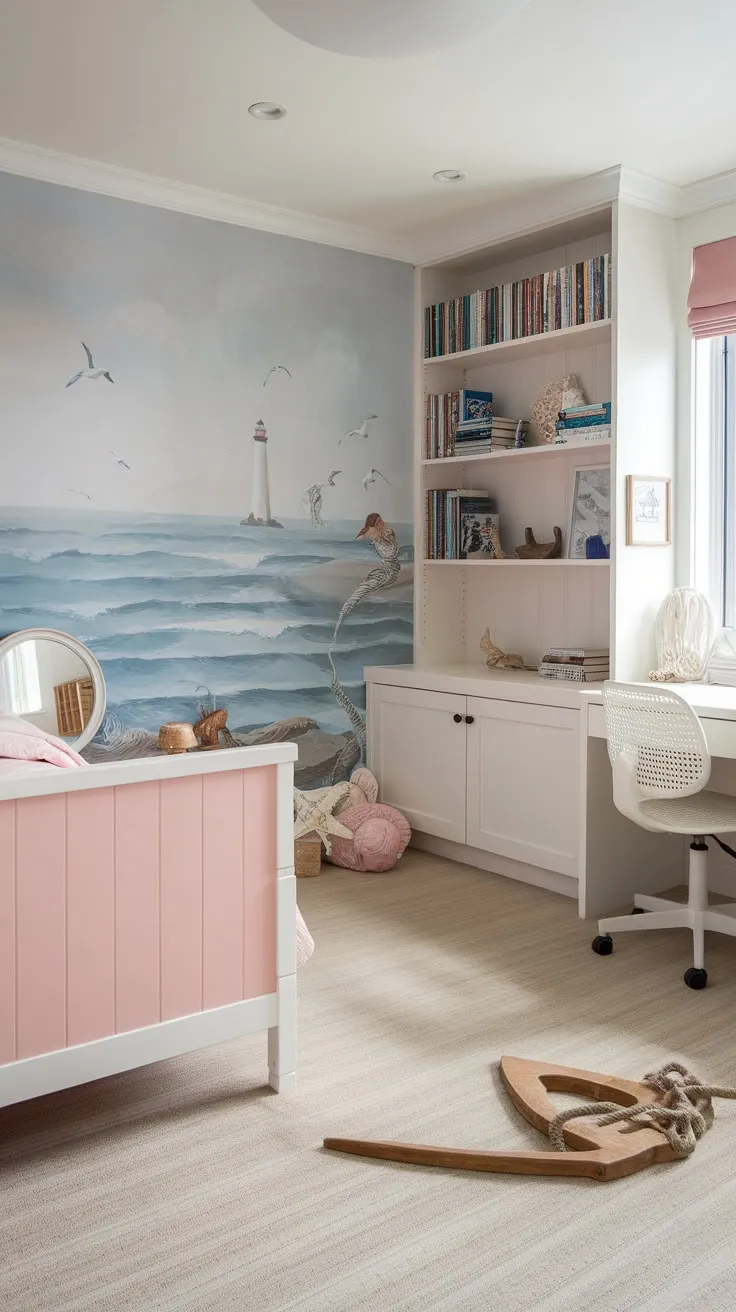 A charming coastal bedroom, perfect for a granddaughter, features a painted ocean scene and playful nautical details.