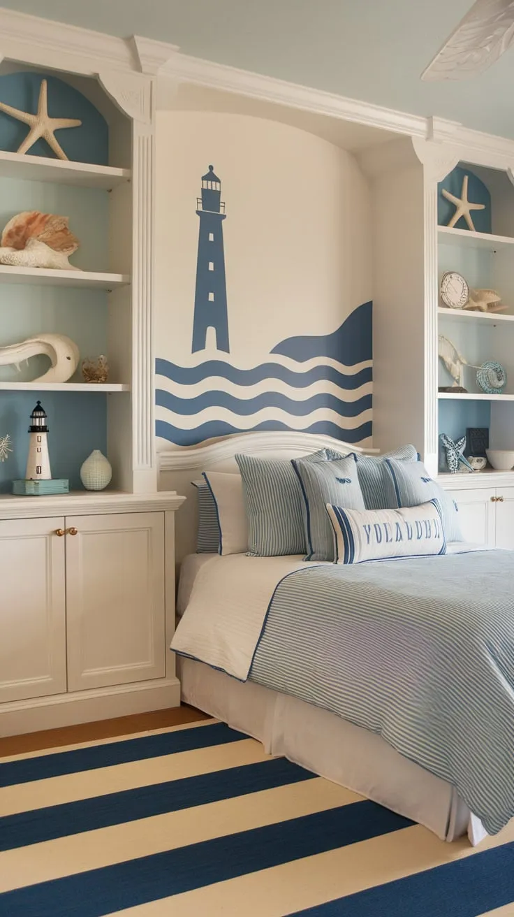A charming coastal granddaughter's bedroom evokes a summery beach escape with its soft blue and white palette, lighthouse artwork, and playful nautical accents.