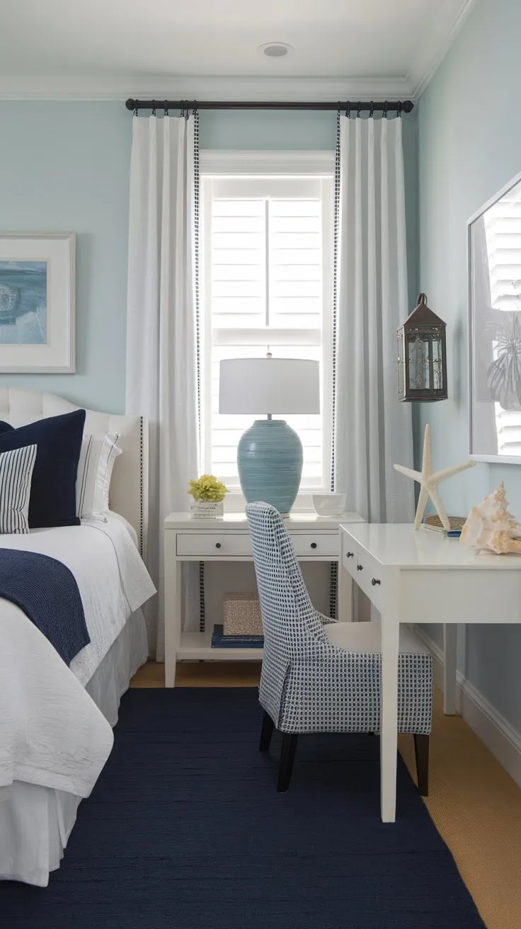 A charming coastal bedroom, perfect for a granddaughter, features a calming blue palette, nautical accents, and delightful seaside details.