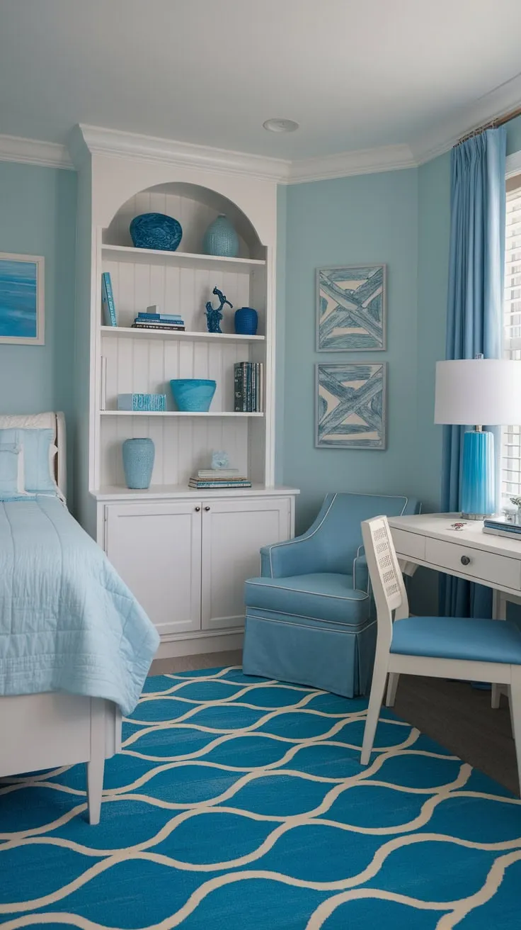 A serene coastal granddaughter's bedroom, awash in calming blues and whites, evokes the tranquil beauty of the ocean.