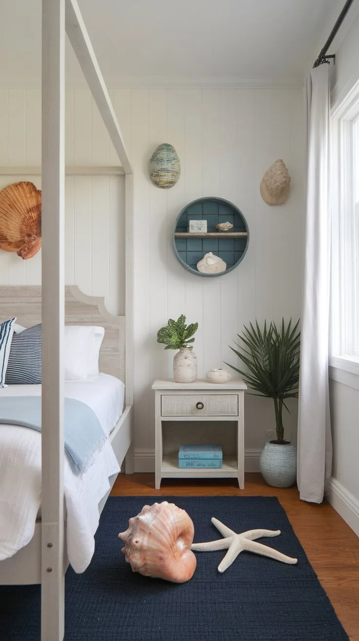 A coastal granddaughter's bedroom, serene in white and navy, is adorned with seashells and starfish.