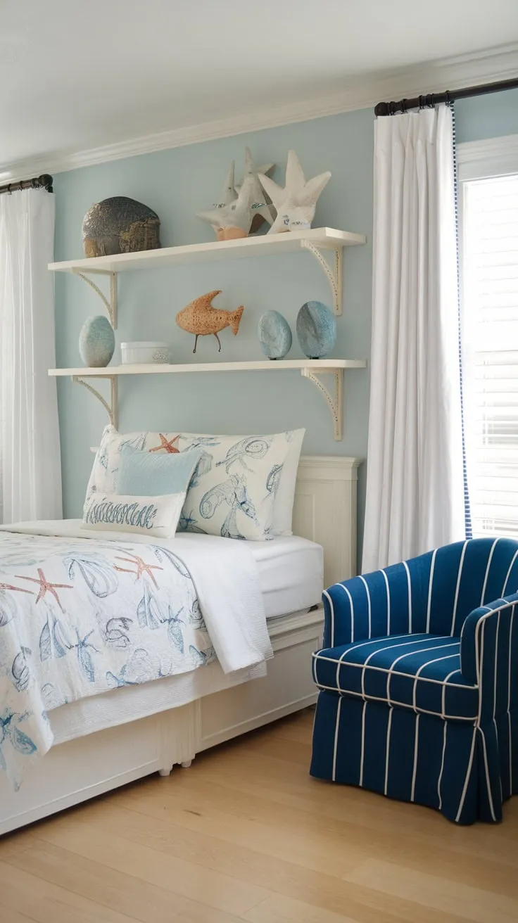 A light blue coastal haven awaits the granddaughter in her serene bedroom, complete with a white bed, nautical decor, and a charming blue striped chair.