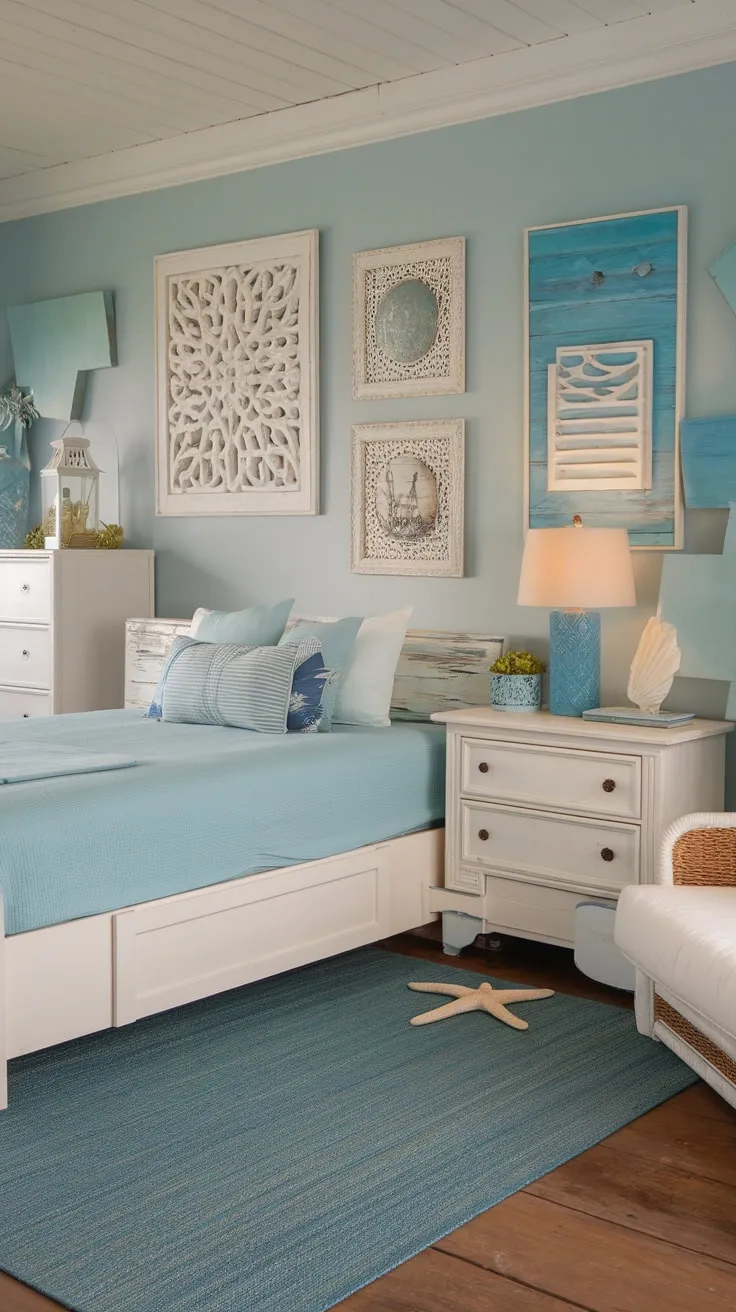 A serene coastal granddaughter's bedroom, painted soft blue and adorned with ocean-themed art, offers a summery escape.