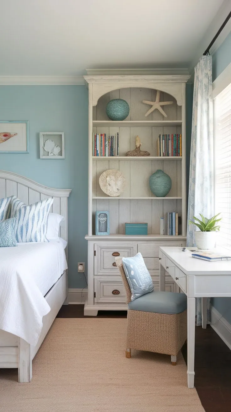 Ocean-themed serenity fills a granddaughter's coastal bedroom, complete with white furniture and playful beach accents.