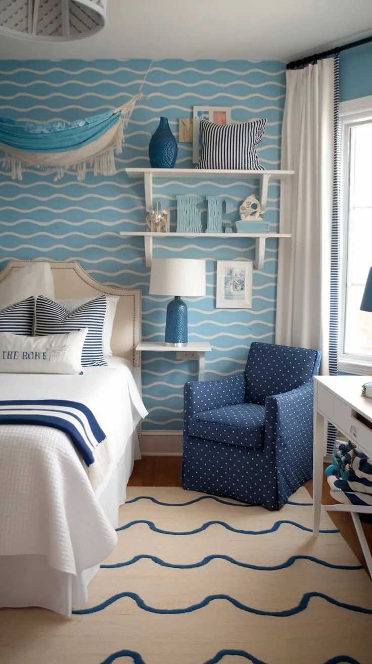 A coastal-themed granddaughter's bedroom evokes a beachy escape with ocean wave patterns, blue and white stripes, and charming nautical accents.