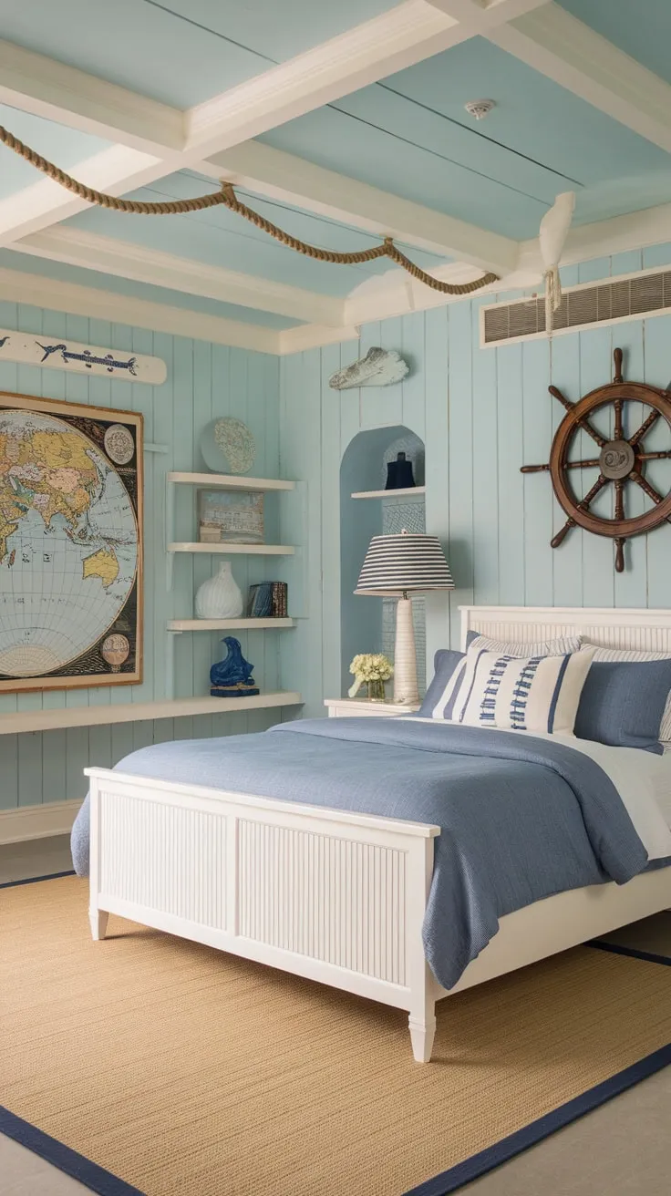 Nautical details and calming blues transform this queen-sized bedroom into a coastal granddaughter's dreamy ocean escape.