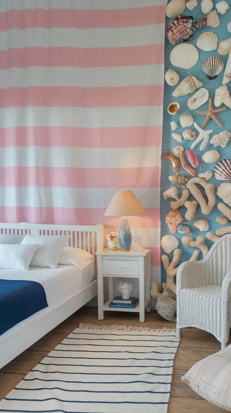 A charming coastal granddaughter's bedroom features a nautical aesthetic with whitewashed furniture, blue and white accents, and playful seashell décor.
