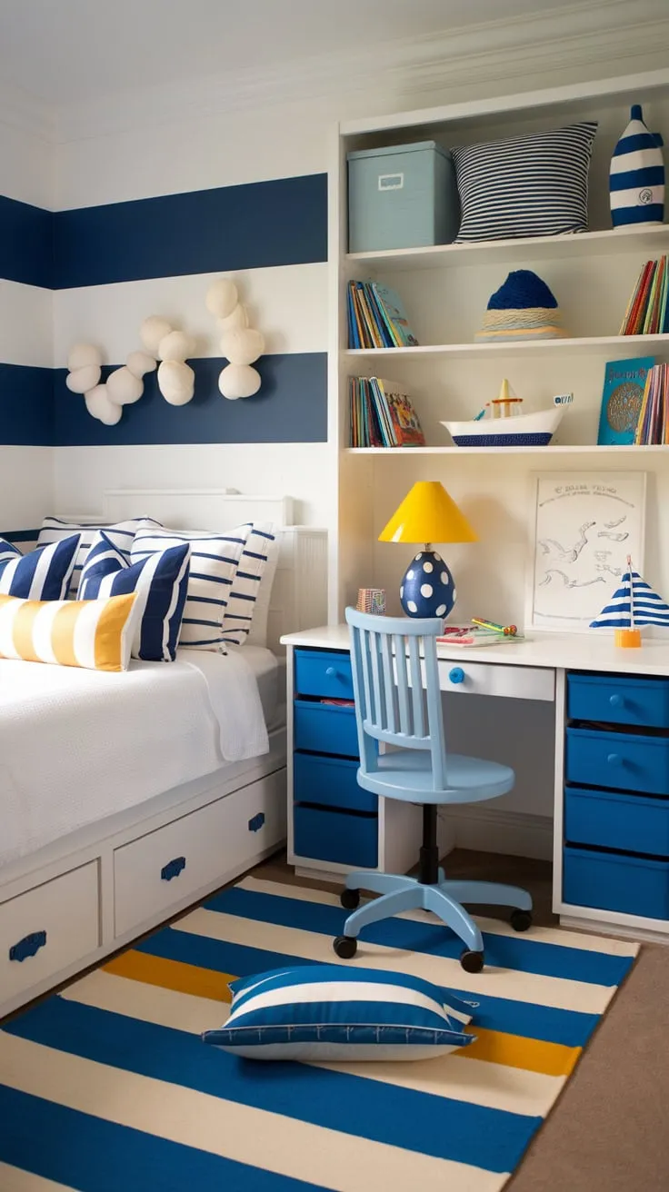 A coastal-themed bedroom, perfect for a granddaughter, evokes a playful beach house vibe with blue and white stripes, yellow accents, and nautical details.