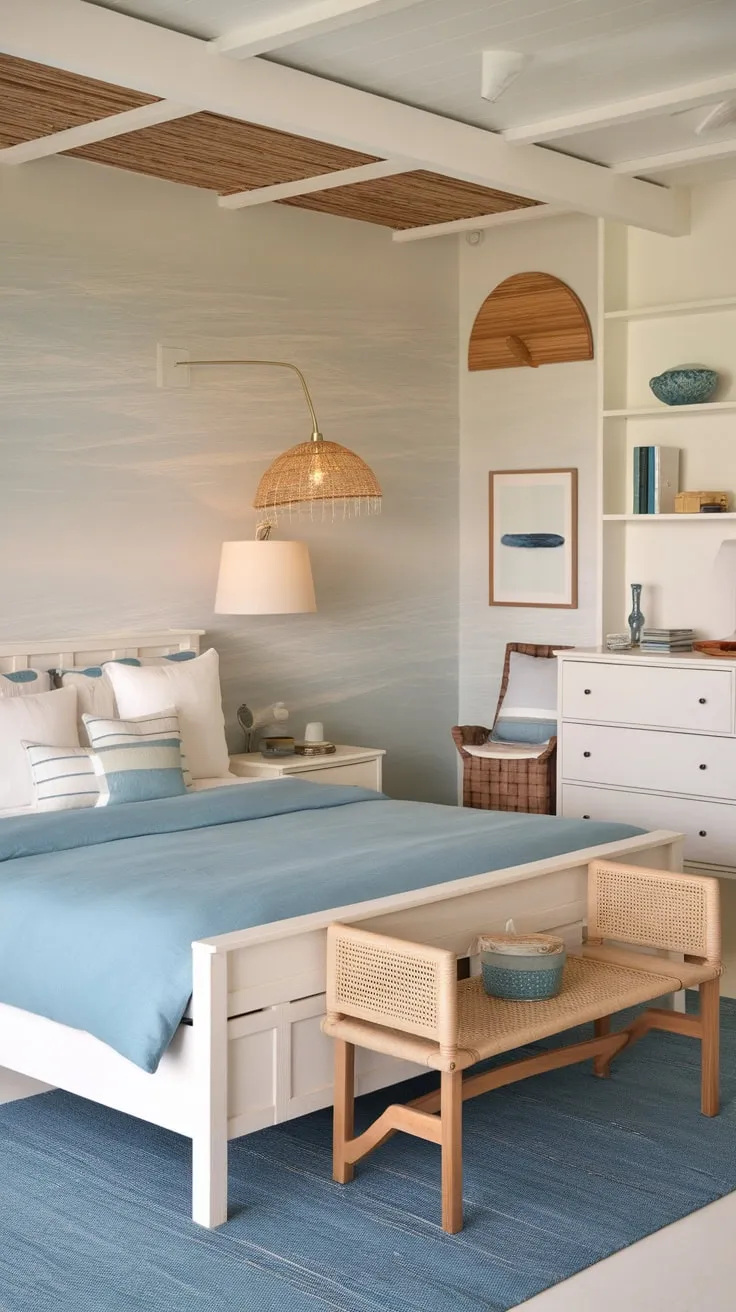 A serene coastal granddaughter's bedroom features a white wooden bed, blue accents, and subtle ocean-inspired details creating a calming beachside haven