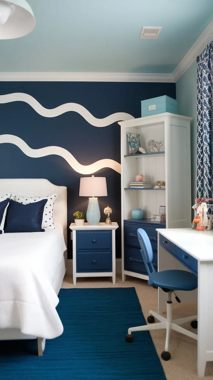 Navy and white create a serene coastal haven perfect for a granddaughter's summer bedroom.