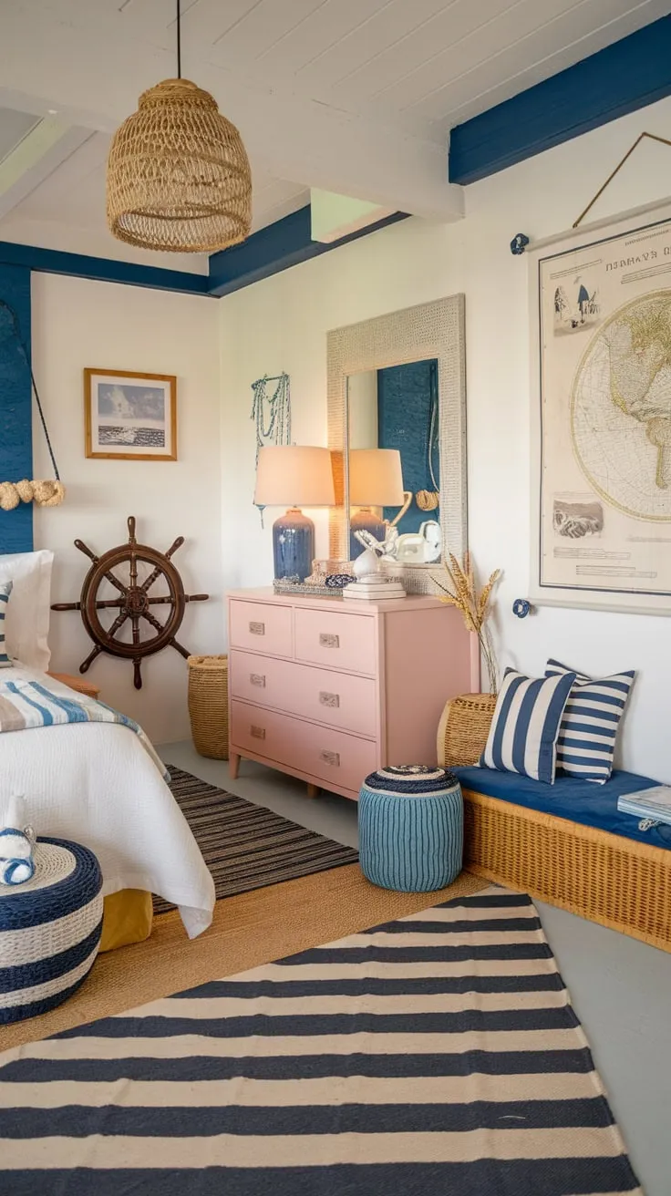 This coastal-themed bedroom, featuring a ship's wheel and striped rug, creates a warm and inviting space for a granddaughter to dream of ocean adventures.