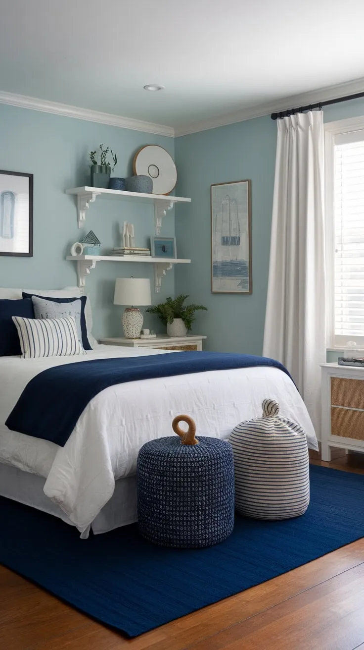 A serene coastal granddaughter's bedroom features a calming blue palette, nautical accents, and hardwood floors.