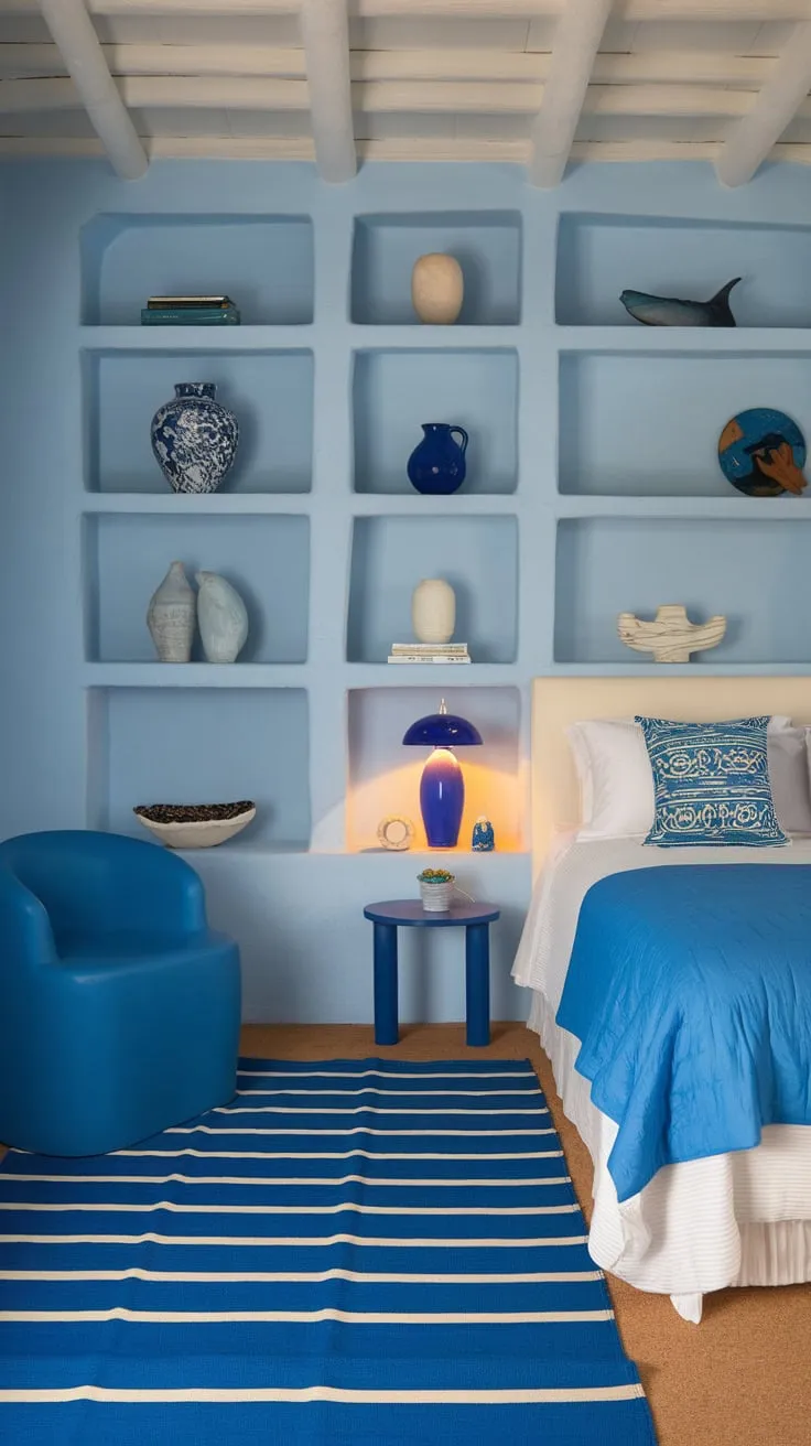 A serene coastal-themed bedroom awaits a granddaughter, complete with calming blues, white accents, and charming nautical details.