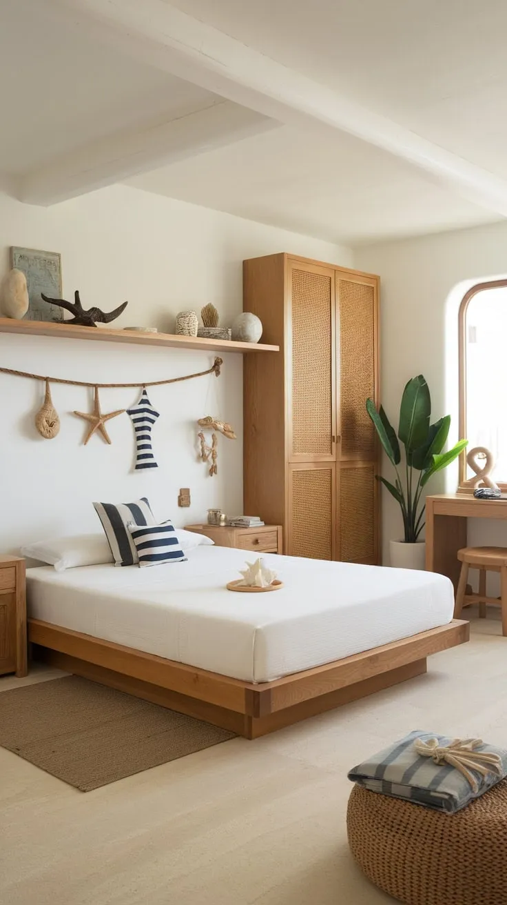 A coastal granddaughter's bedroom, serene in white and wood, evokes the ocean's calm with beachy accents