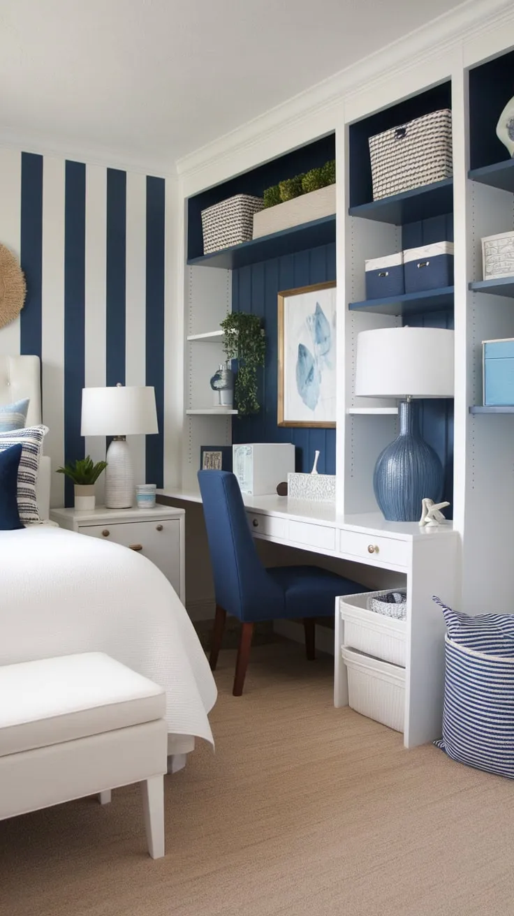 A serene coastal haven awaits a granddaughter in this navy and white striped bedroom, complete with beachy décor and cozy furnishings.