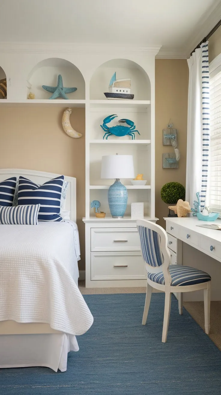 A charming coastal-themed bedroom, perfect for a granddaughter, features calming blues and whites, nautical accents, and a summery atmosphere.