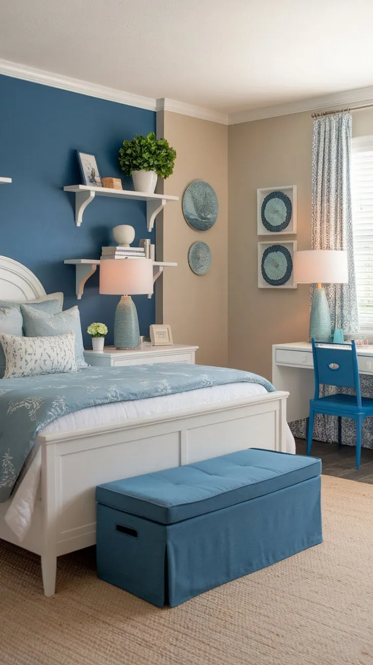 A serene coastal granddaughter's bedroom features calming blues and beiges, creating a peaceful haven.