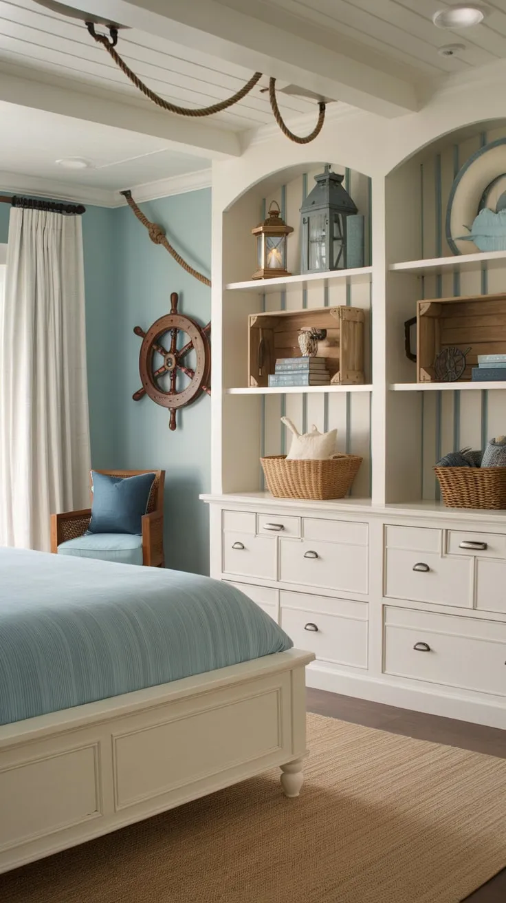 A coastal granddaughter's bedroom evokes the ocean's serenity with blue hues, nautical accents, and charming storage.