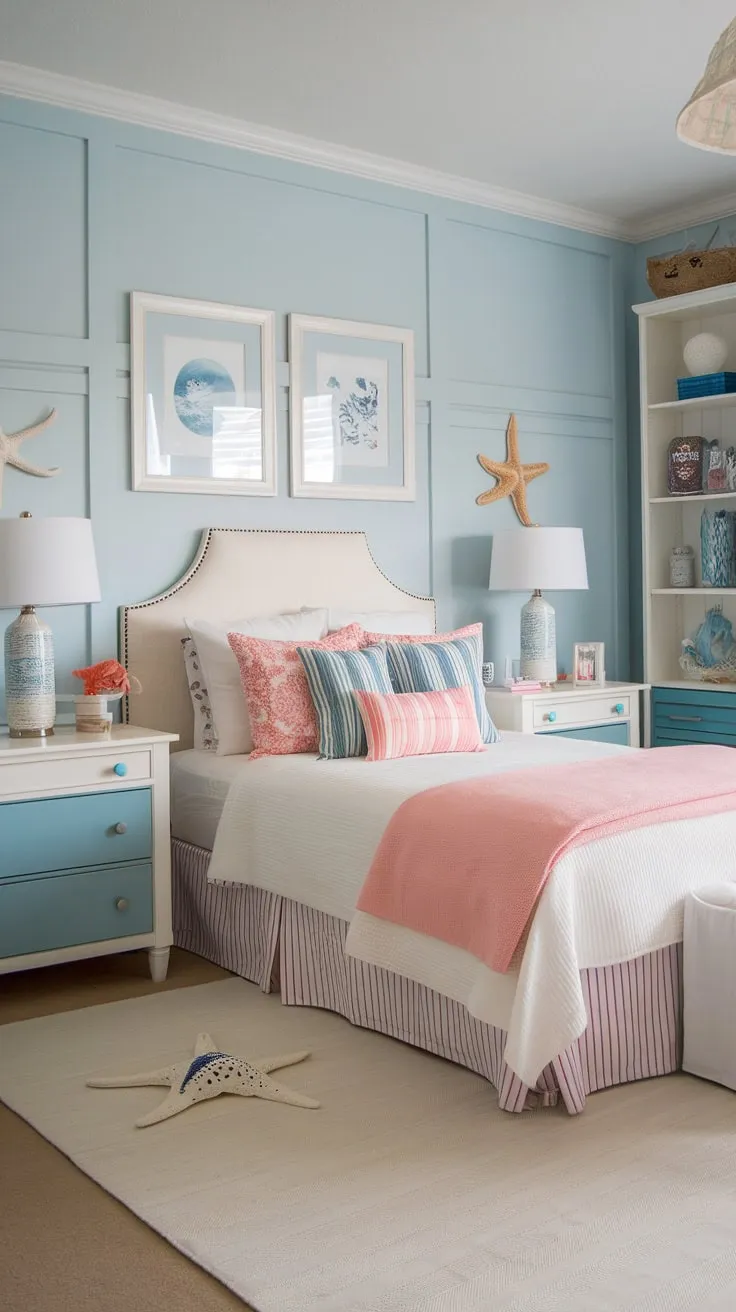 A light blue coastal haven awaits the granddaughter, complete with a queen bed, beachy decor, and a summery feel.