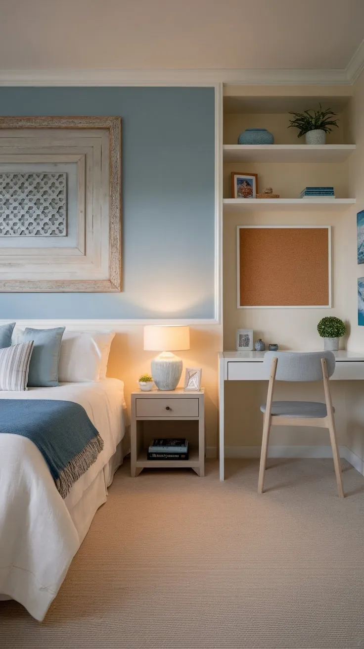 A tranquil coastal bedroom, perfect for a granddaughter, features calming blues, natural wood accents, and a cozy atmosphere.