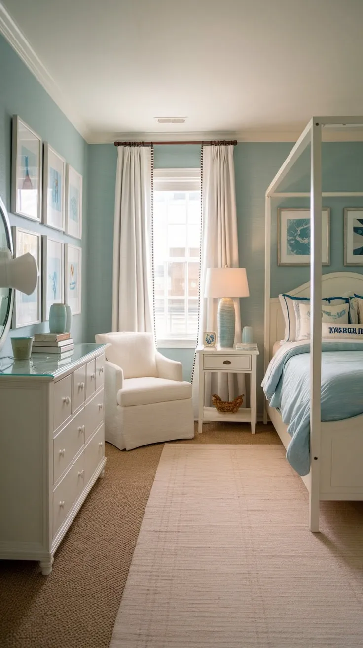 A serene coastal-themed bedroom, perfect for a granddaughter, features a white canopy bed, light blue walls, and beachy accents.