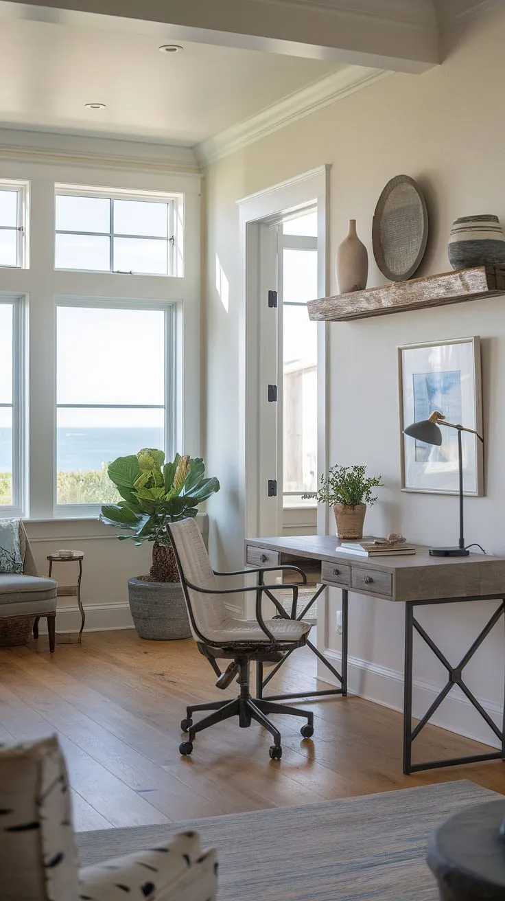 Escape to this idyllic coastal office, where coastal interiors meet coastal farmhouse style.  The calming beach house interior provides the perfect backdrop for focused work, a true coastal retreat.