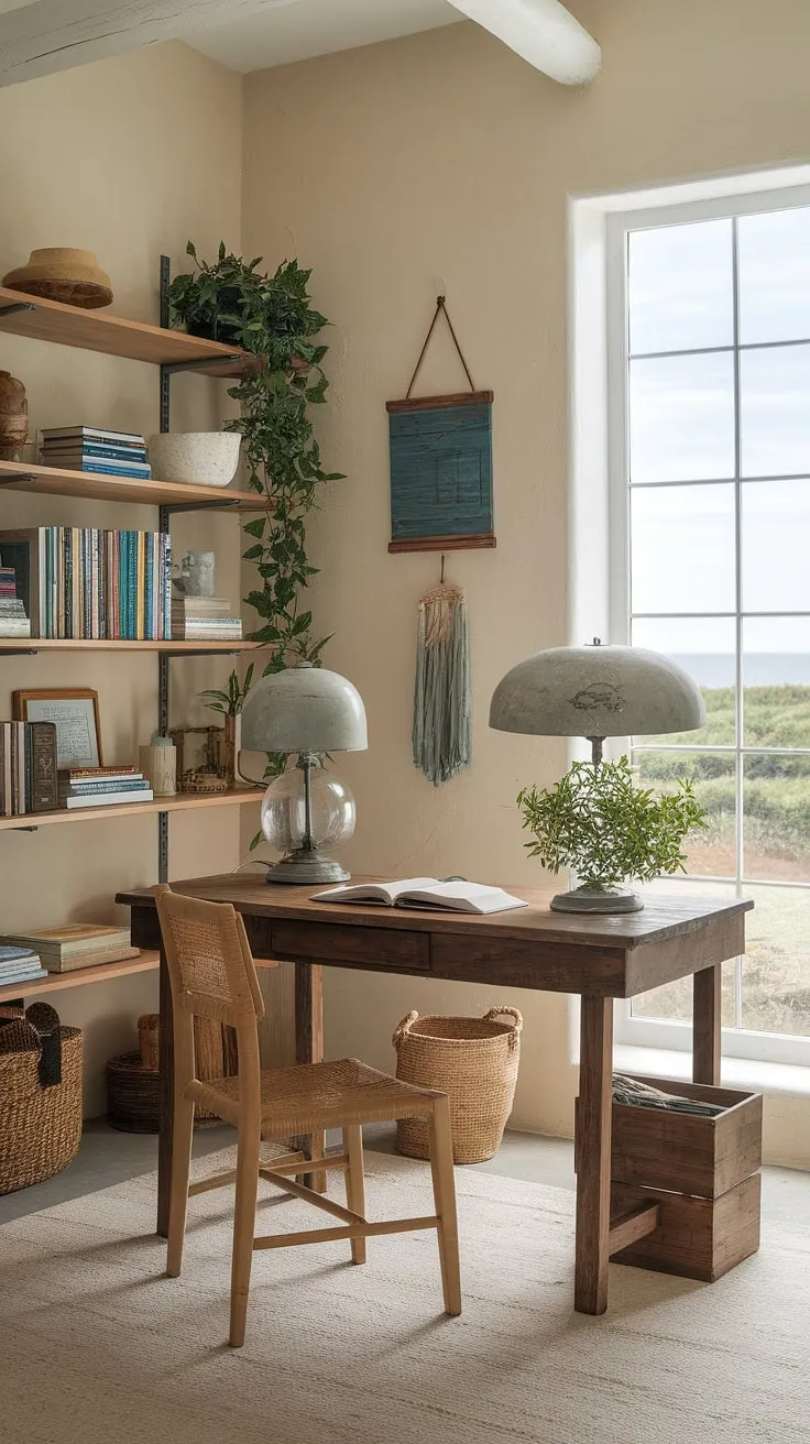 Escape to your own coastal paradise with this stunning coastal office.  The coastal interiors are effortlessly chic, combining the relaxed vibe of a beach house interior with the refined elegance of coastal farmhouse style.  This coastal interior is the ultimate work-from-home sanctuary.
