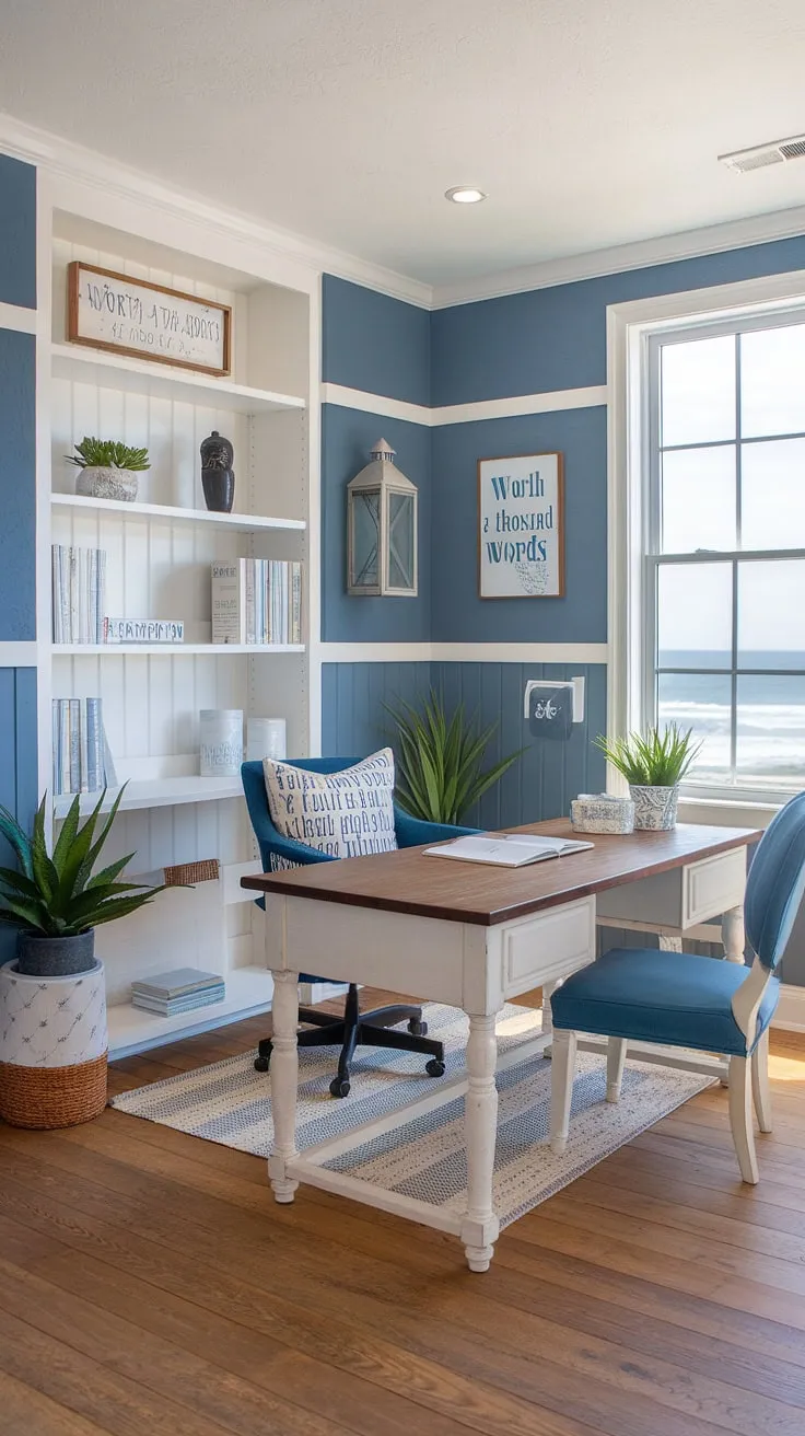 Escape to your own coastal paradise with this stunning coastal office.  The coastal interiors evoke a sense of calm and creativity, making this beach house interior the ultimate coastal farmhouse workspace.