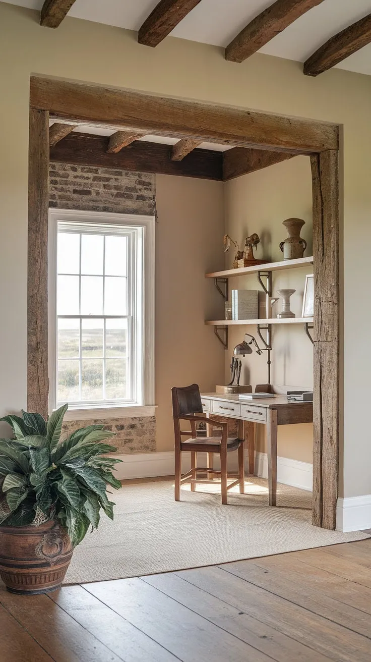 Sunlight streams into this serene coastal home office, a perfect blend of coastal farmhouse charm and sophisticated coastal interiors.  The beach house interior is effortlessly chic, creating the ideal space for work and relaxation.