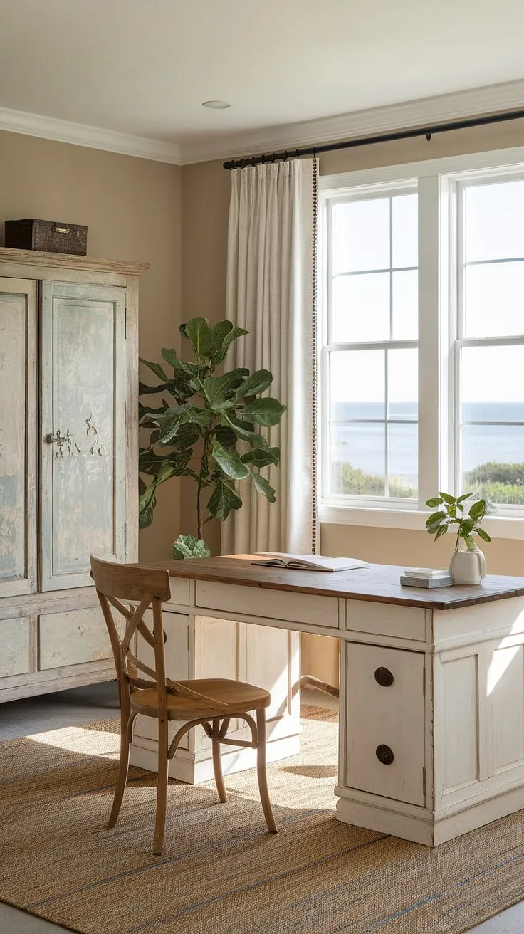Sunlight streams into this serene coastal home office, a perfect blend of coastal farmhouse charm and modern functionality.  The coastal interior design creates a calming workspace, blurring the lines between beach house interior and sophisticated coastal interiors.