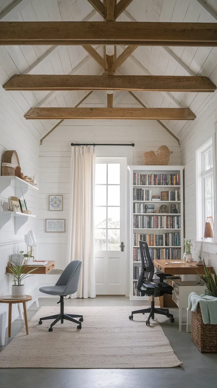 Escape to this idyllic coastal office, where coastal interiors meet rustic farmhouse style.  The airy space, with its beautiful coastal farmhouse aesthetic, offers the perfect blend of productivity and coastal tranquility.