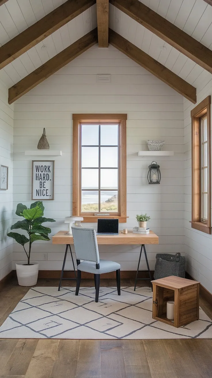 Imagine working from this idyllic coastal office.  The coastal interior design, with its coastal farmhouse influences, creates a calming and productive beach house interior, perfect for those seeking coastal interiors with a touch of rustic elegance.