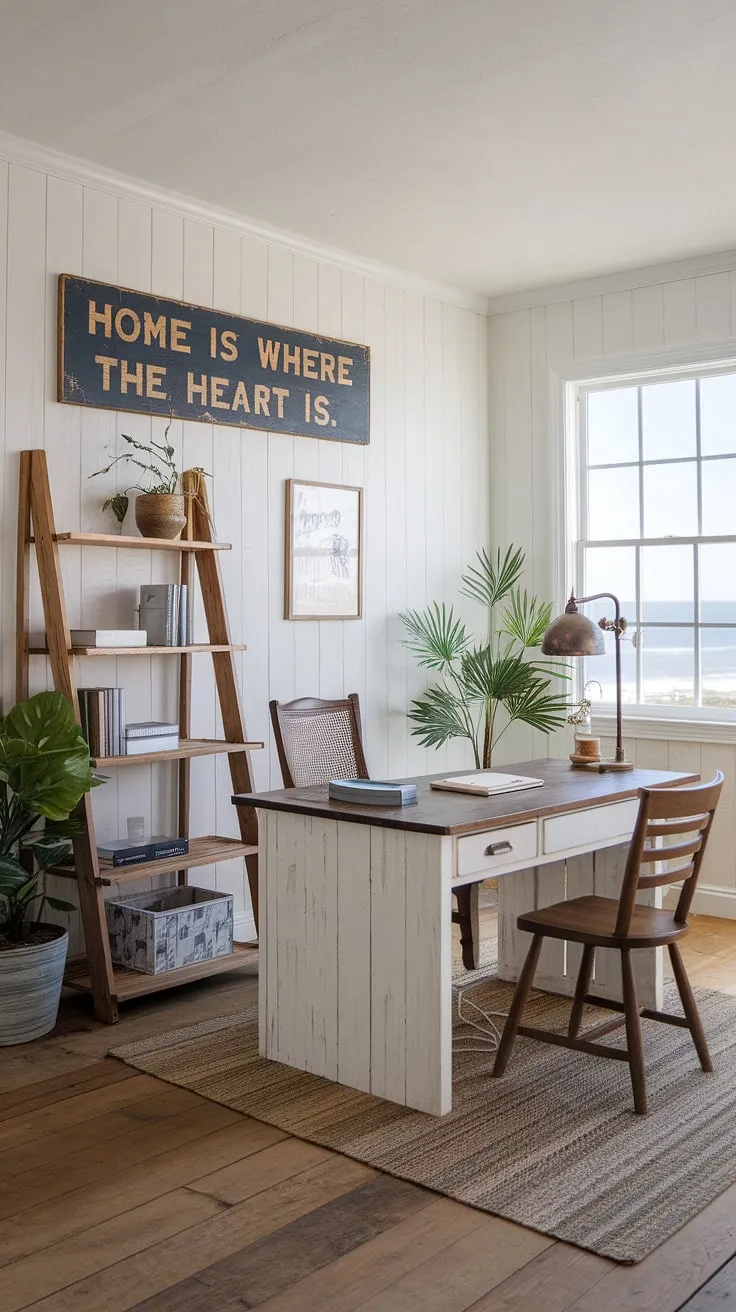 Escape to your own coastal paradise with this stunning coastal office.  The coastal interiors evoke a sense of relaxed sophistication, transforming this beach house interior into a productive and inspiring coastal farmhouse haven.