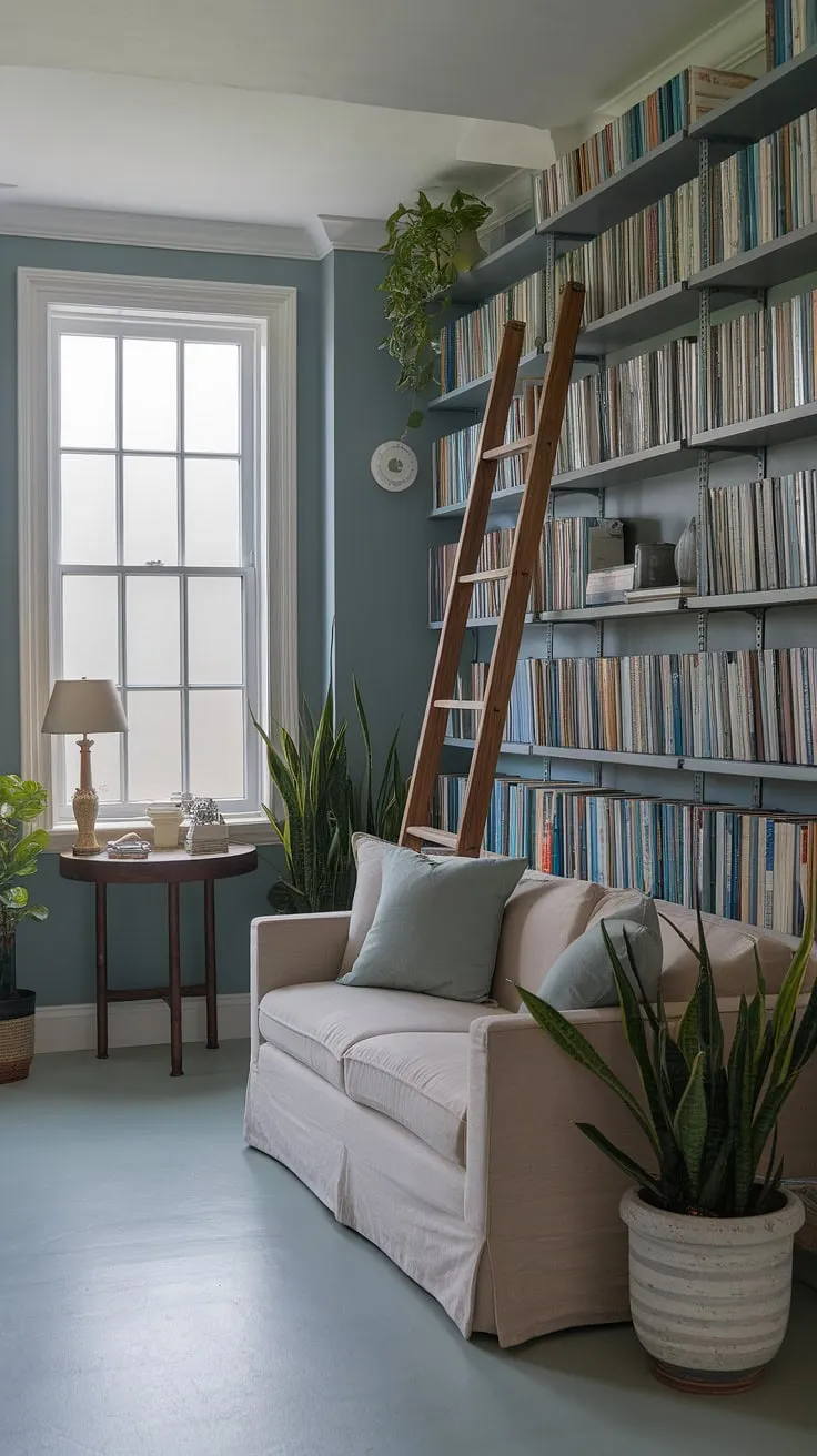 Find your focus in this tranquil coastal office.  The coastal interiors, featuring a soft color palette and natural elements, create a serene workspace within a charming coastal farmhouse setting.