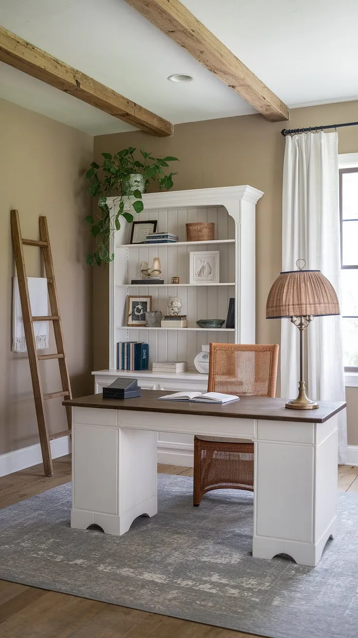 Sunlight streams into this serene coastal home office, a perfect blend of coastal farmhouse charm and modern functionality.  The coastal interior design creates a peaceful workspace, reflecting the beauty of the beach house interior and the calming essence of coastal interiors.