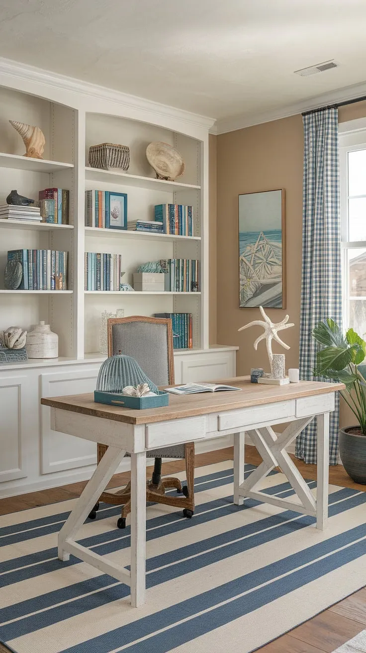 Imagine working in this idyllic coastal office.  The coastal interior design, with its hints of coastal farmhouse style, transforms this beach house interior into a haven of productivity and tranquility.  Coastal interiors don't get much better than this.