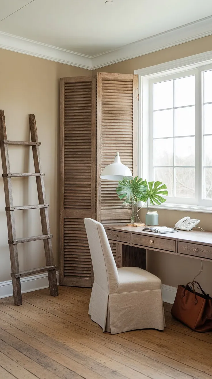 Sunlight streams into this serene coastal home office, blending coastal farmhouse charm with practical workspace design. The rustic wooden ladder, shutter door, and light-filled space create the perfect coastal interior for focused work and seaside inspiration.