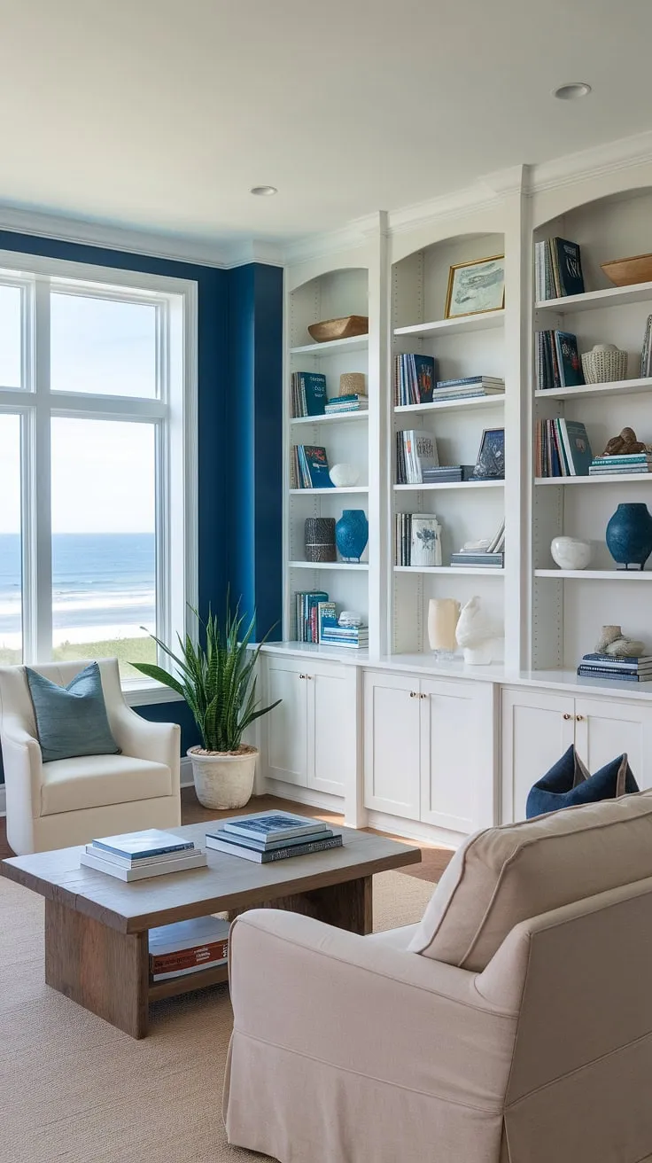 Sunlight streams into this serene coastal home office, a perfect blend of coastal farmhouse charm and sophisticated coastal interiors. The beach house interior is effortlessly chic, creating an inspiring workspace with a view.